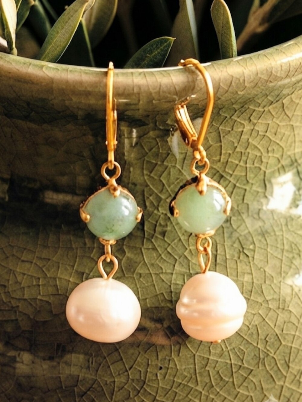Genuine Green Jade and Large Baroque Pearl Drop Down Earrings